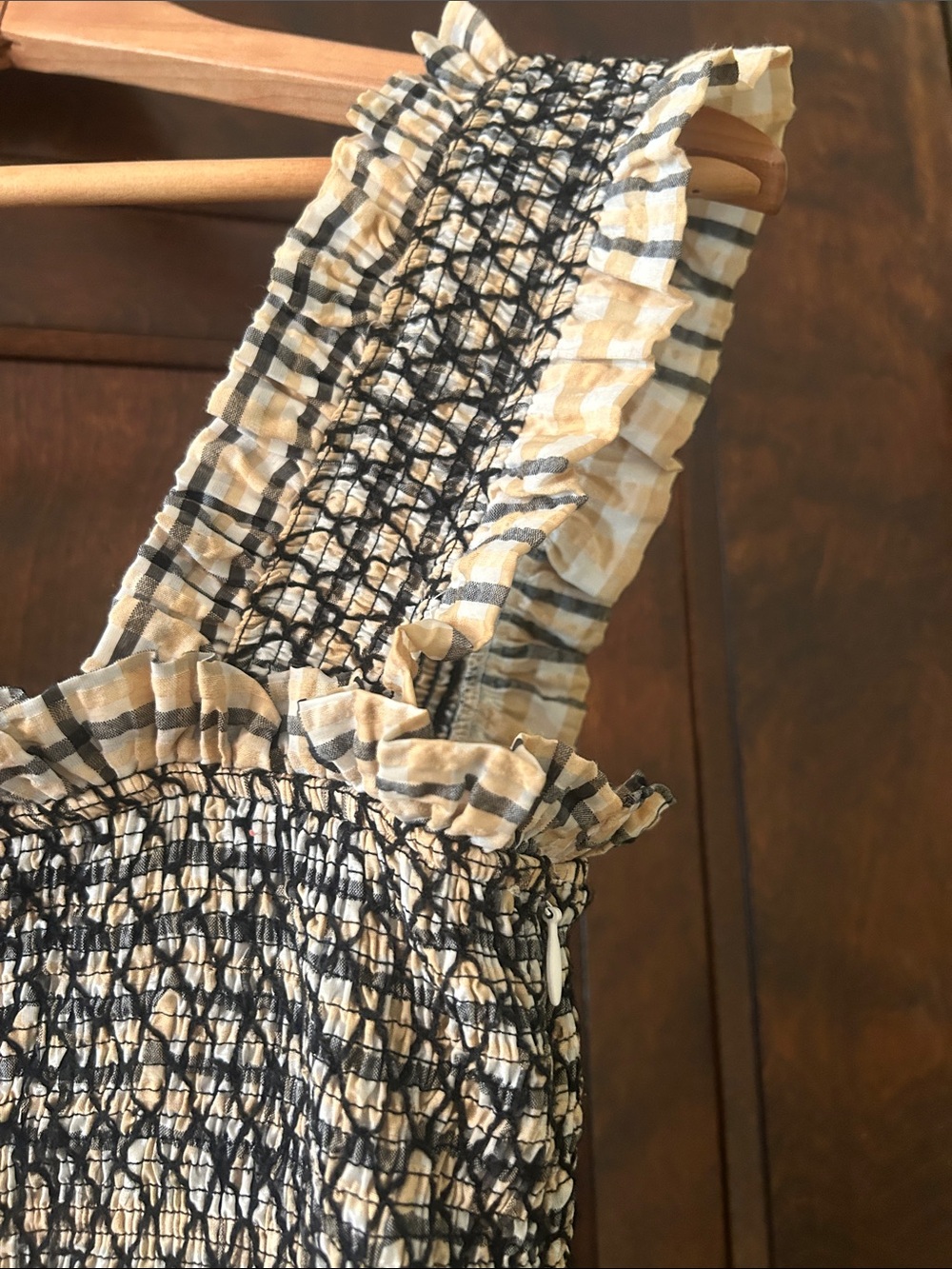 GANNI Smocked Sundress in Beige and Black Plaid - Picture 10 of 14